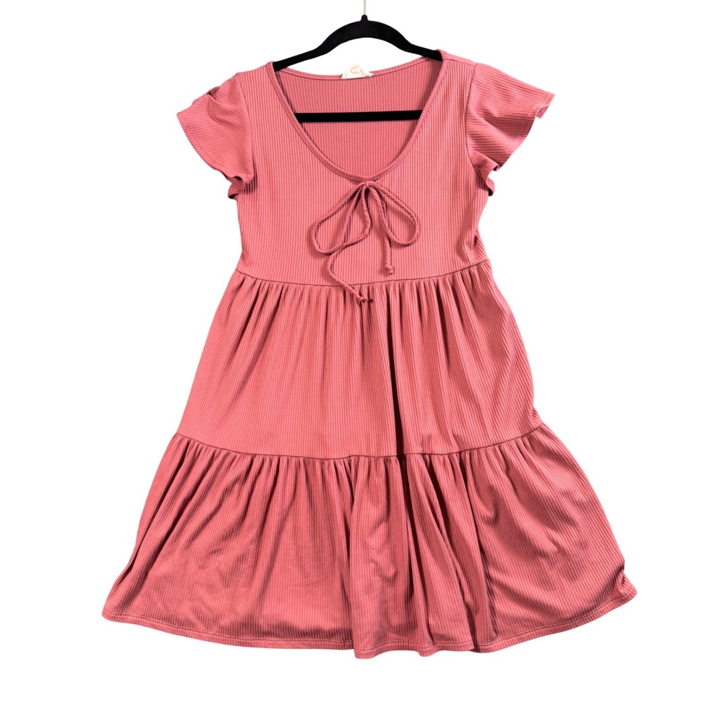 See You Monday Dress Womens M Pink Babydoll Coquette Ribbed Tiered Short Sleeve